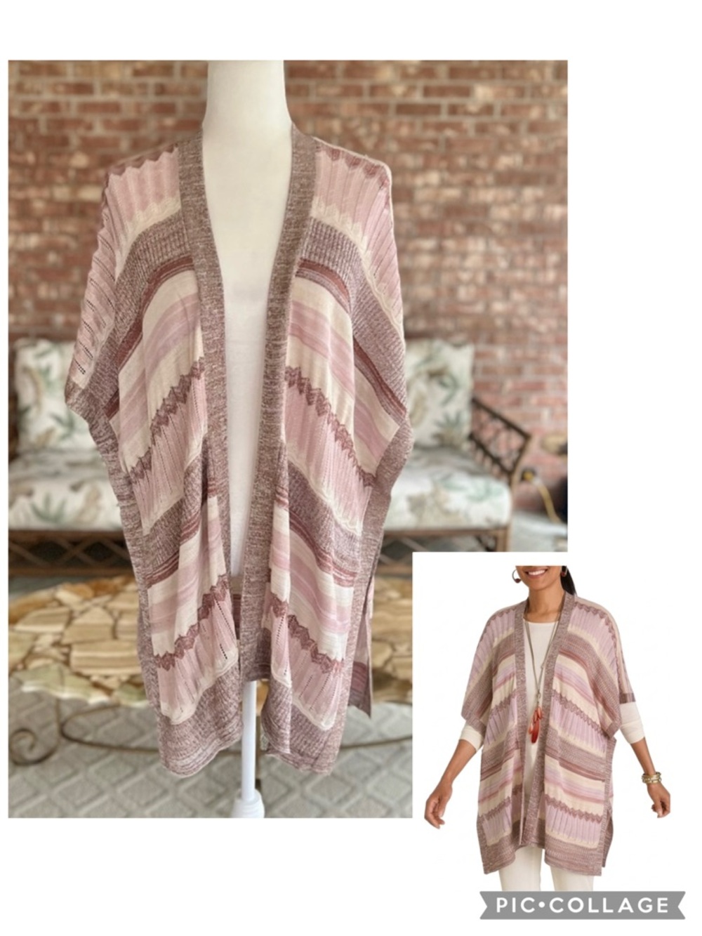 Chico’s Cardigan Ruana Wrap Pink Multi Textured Striped Kimono Sleeve S/M